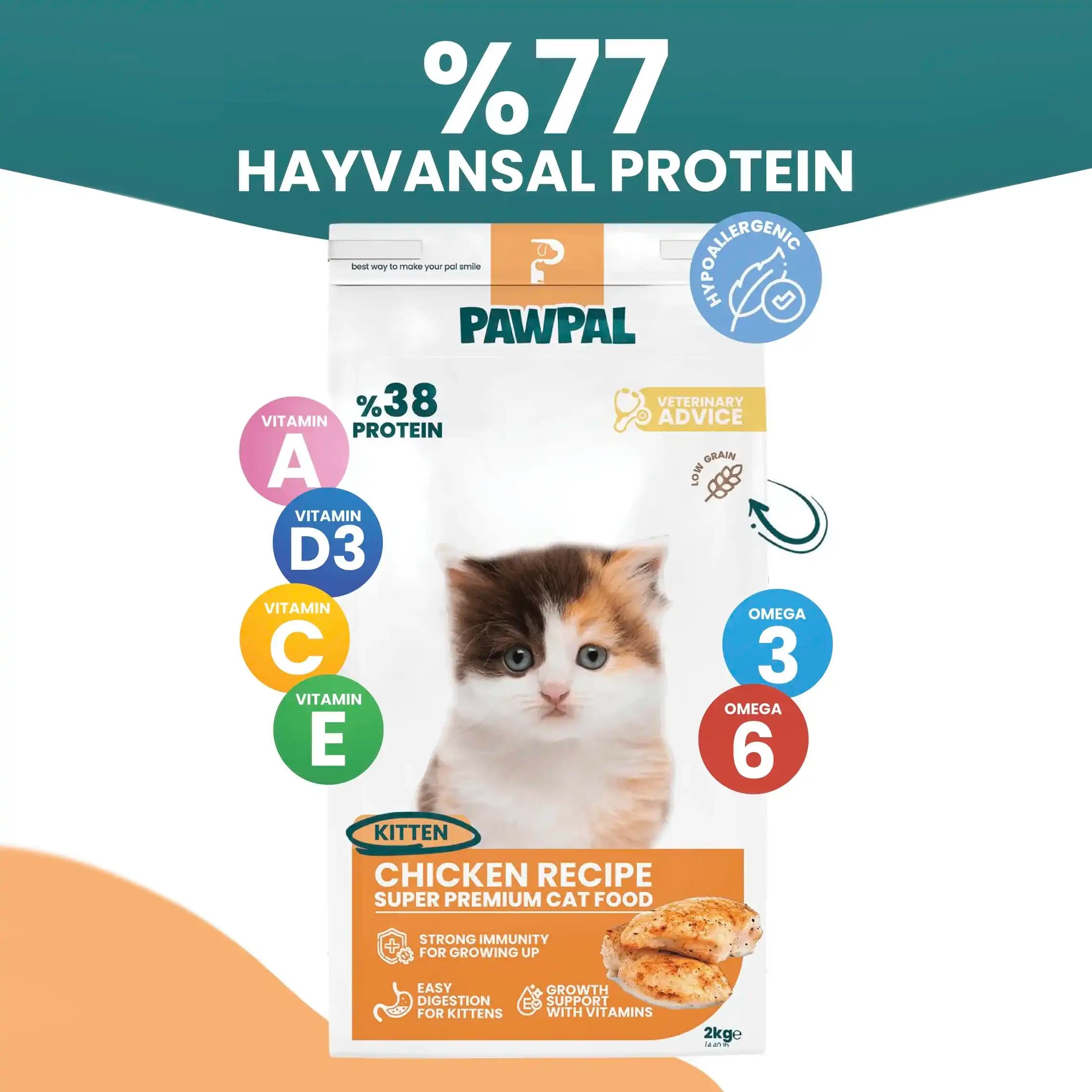 PAWPAL Tavuklu Yavru Kedi Maması 2 Kg - %77 Hayvansal Protein & Düşük Tahıllı (Low Grain)