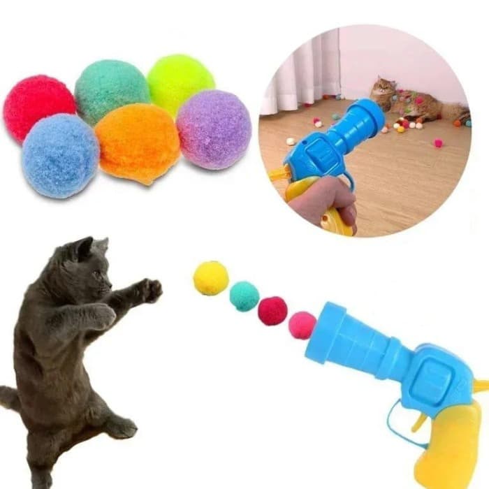 Renkli Ponpon Top Tabancası - 20 Adet Yumuşak Toplu Kedi Atıcı Oyuncak Seti