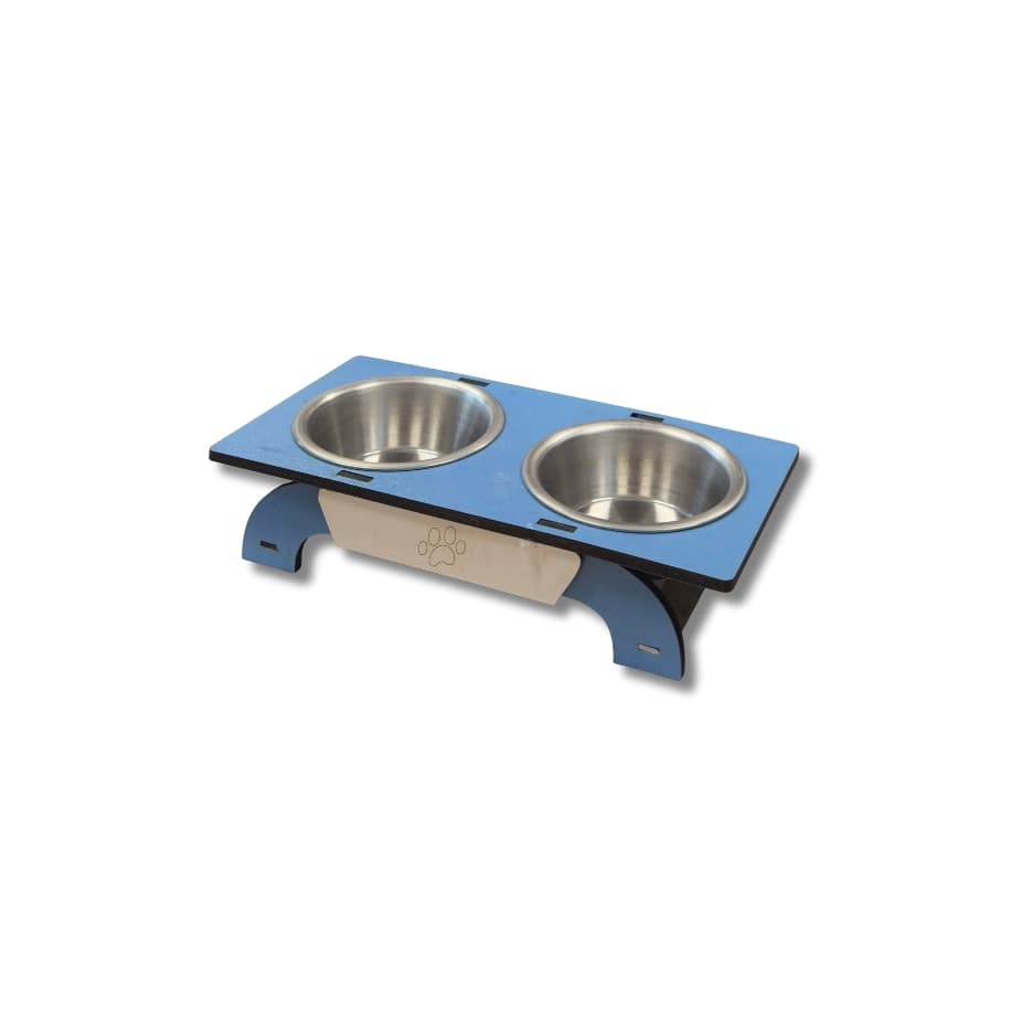 Oval Ahşap Ayaklı İkili Metal Mama ve Su Kabı - Kedi ve Köpek İçin Beslenme Standı - Sarı