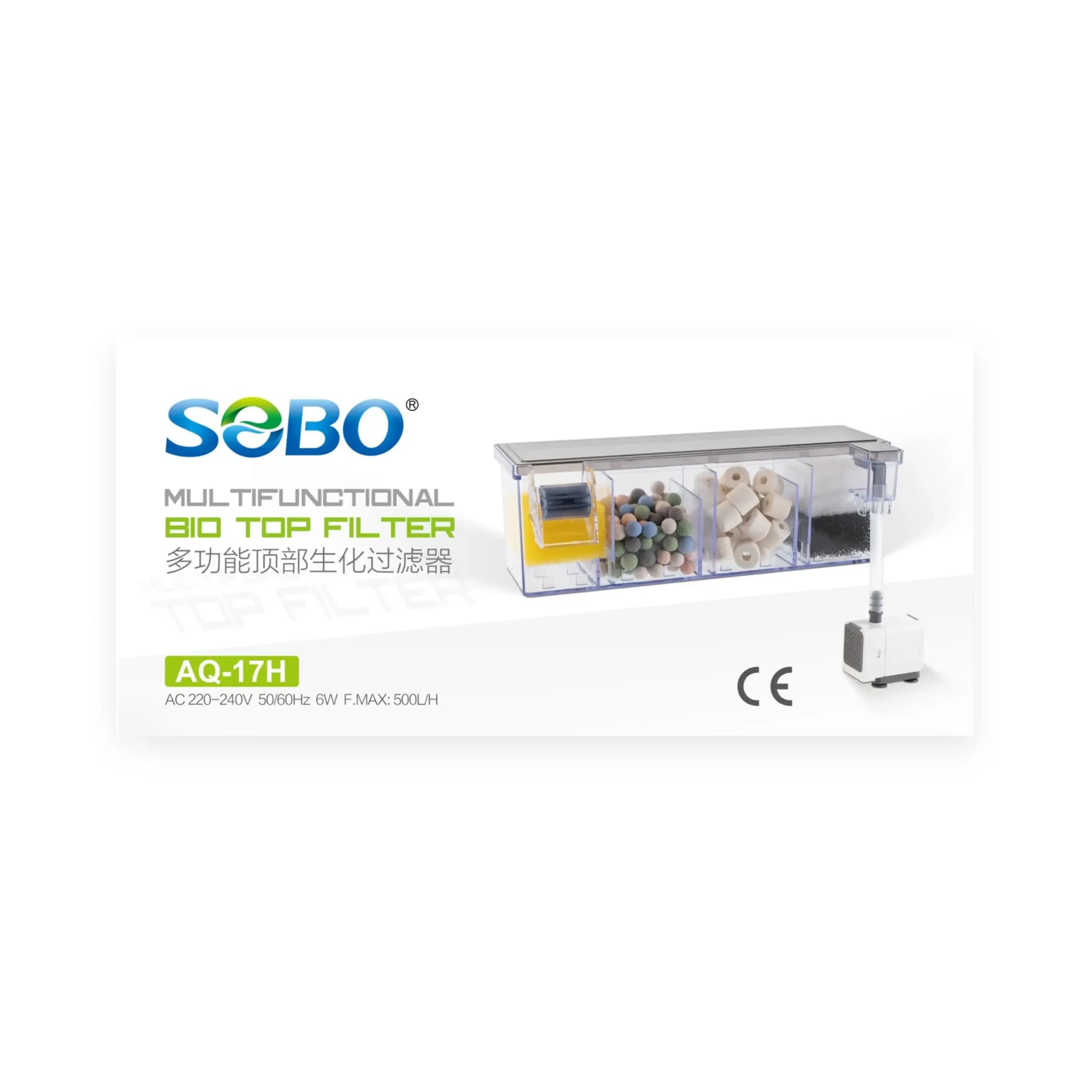 SOBO AQ-17H Akvaryum Biyo Tepe Filtresi 4 Bölmeli 6W 500 L/H İçi Dolu Set