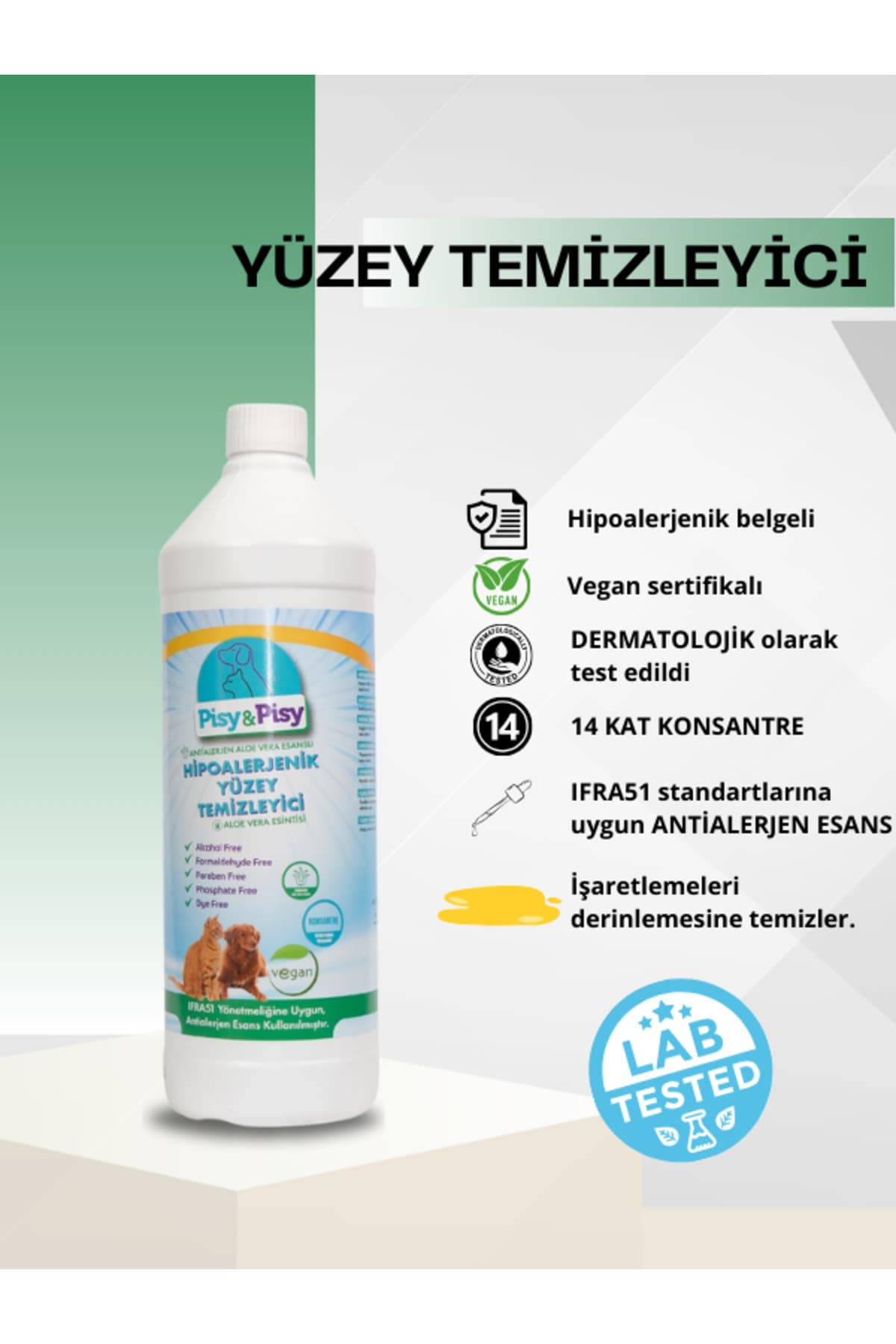 Pisy & Pisy Vegan Sertifikalı Hipoalerjenik Konsantre Yüzey Temizleyici - 1 Lt