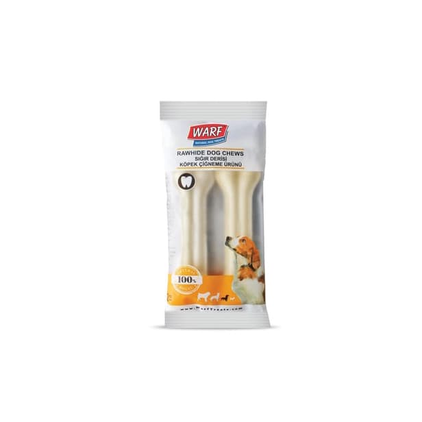 WARF %100 Doğal Sığır Derisi Beyaz Pres Kemik Köpek Ödülü - 12,5 cm (2'li Paket)