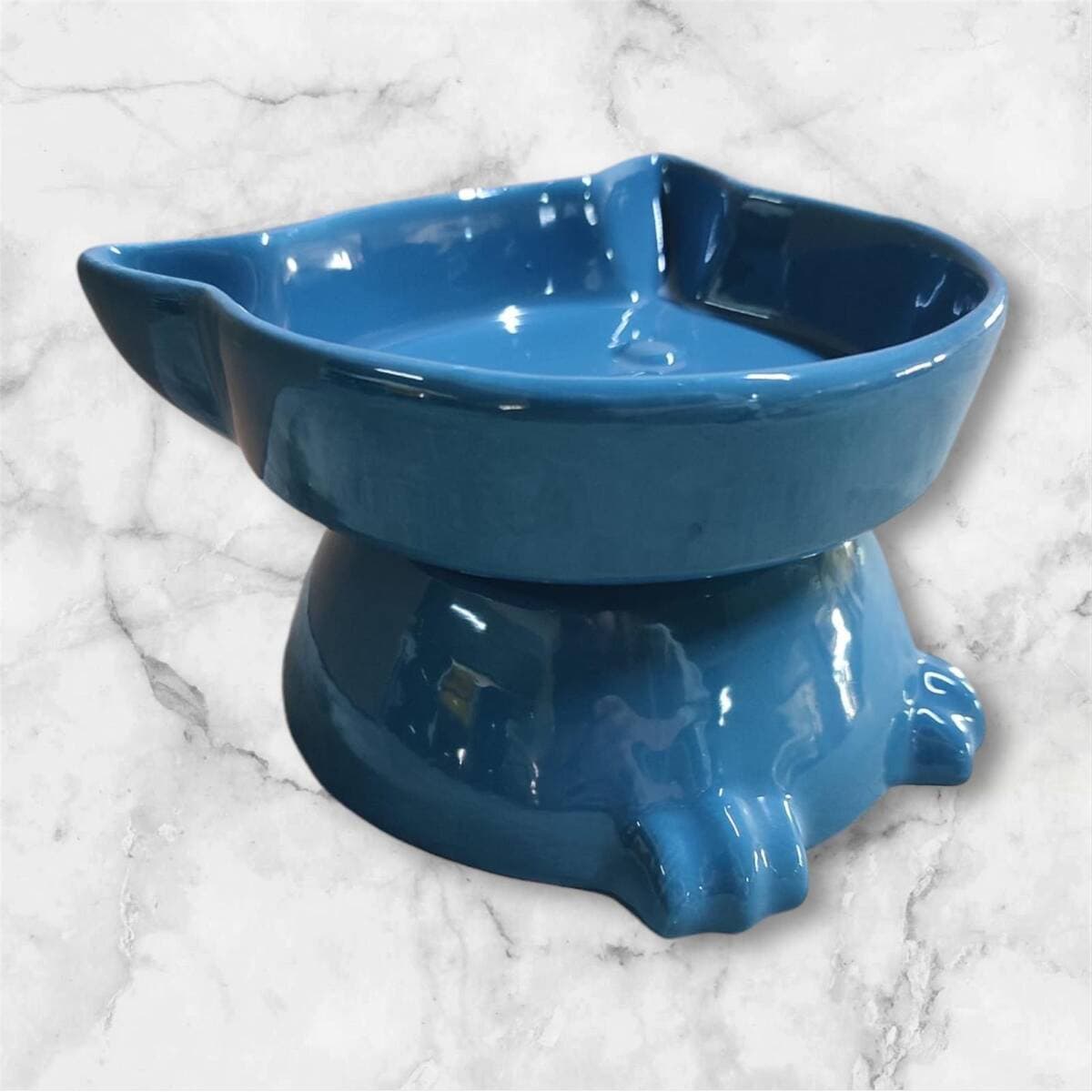 Mavi Ayaklı Kedi Kafası Tasarımlı Seramik Mama ve Su Kabı No:1 (14,5 x 12 cm)