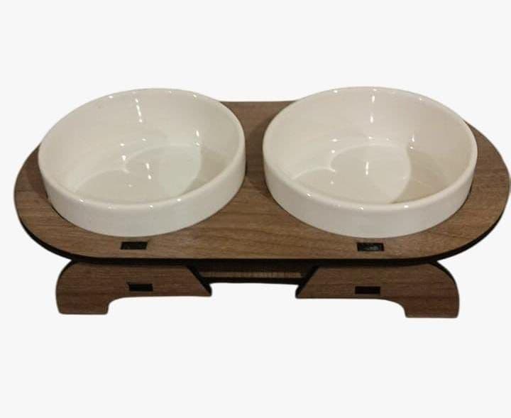 Ahşap Standlı 2'li Seramik Mama Kabı Oval