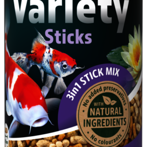 Tetra Pond Variety Sticks sağlıklı balıklar ve temiz su formüllü havuz yemi kutusu ön yüzü