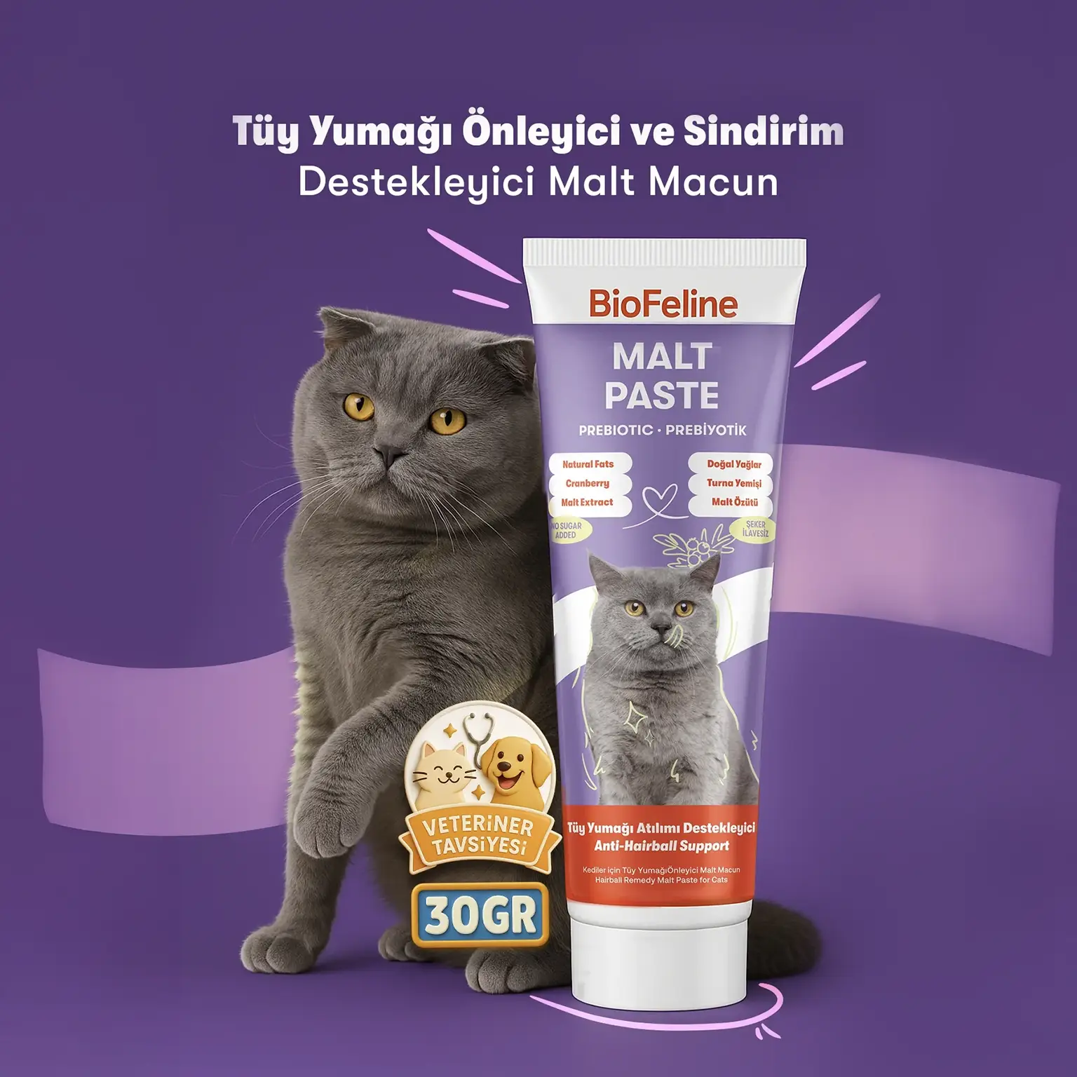BİOFELİNE MALT PASTE Tüy Yumağı Önleyici Kedi Maltı – Doğal Sindirim Destekli Macun (30g)-2039