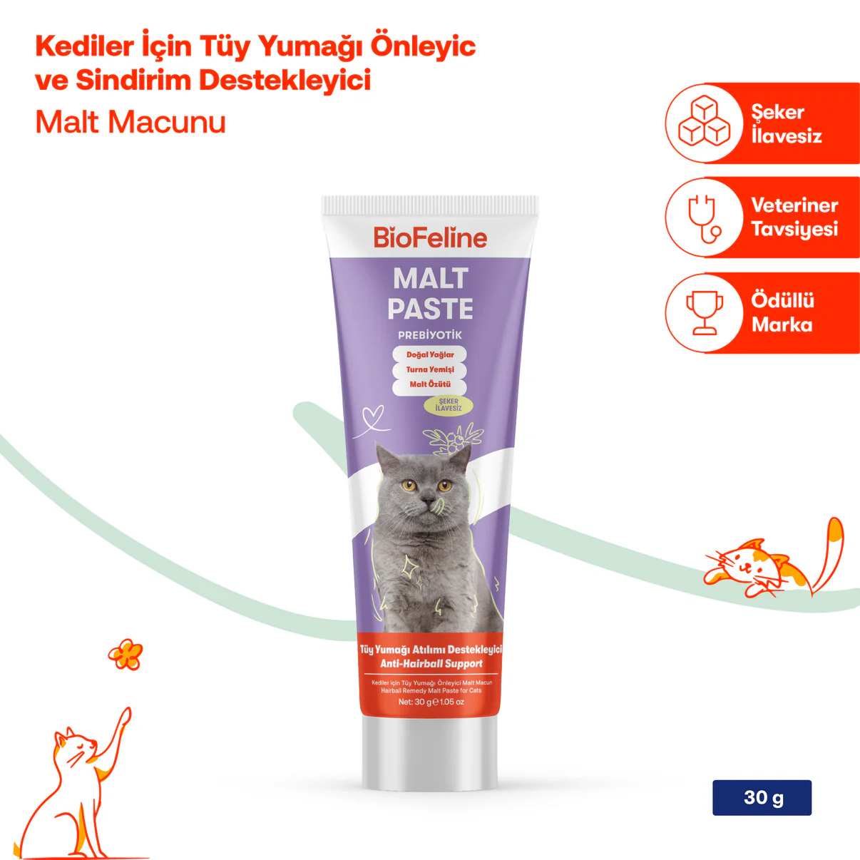 BİOFELİNE MALT PASTE-Tüy Yumağı Önleyici Kedi Maltı – Doğal Sindirim Destekli Macun (30g)- 2039