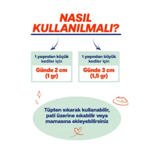 "Nasıl Kullanılmalı?" başlığı altında, 1 yaş altı (2 cm) ve 1 yaş üstü (3 cm) kediler için günlük dozaj tablosu.