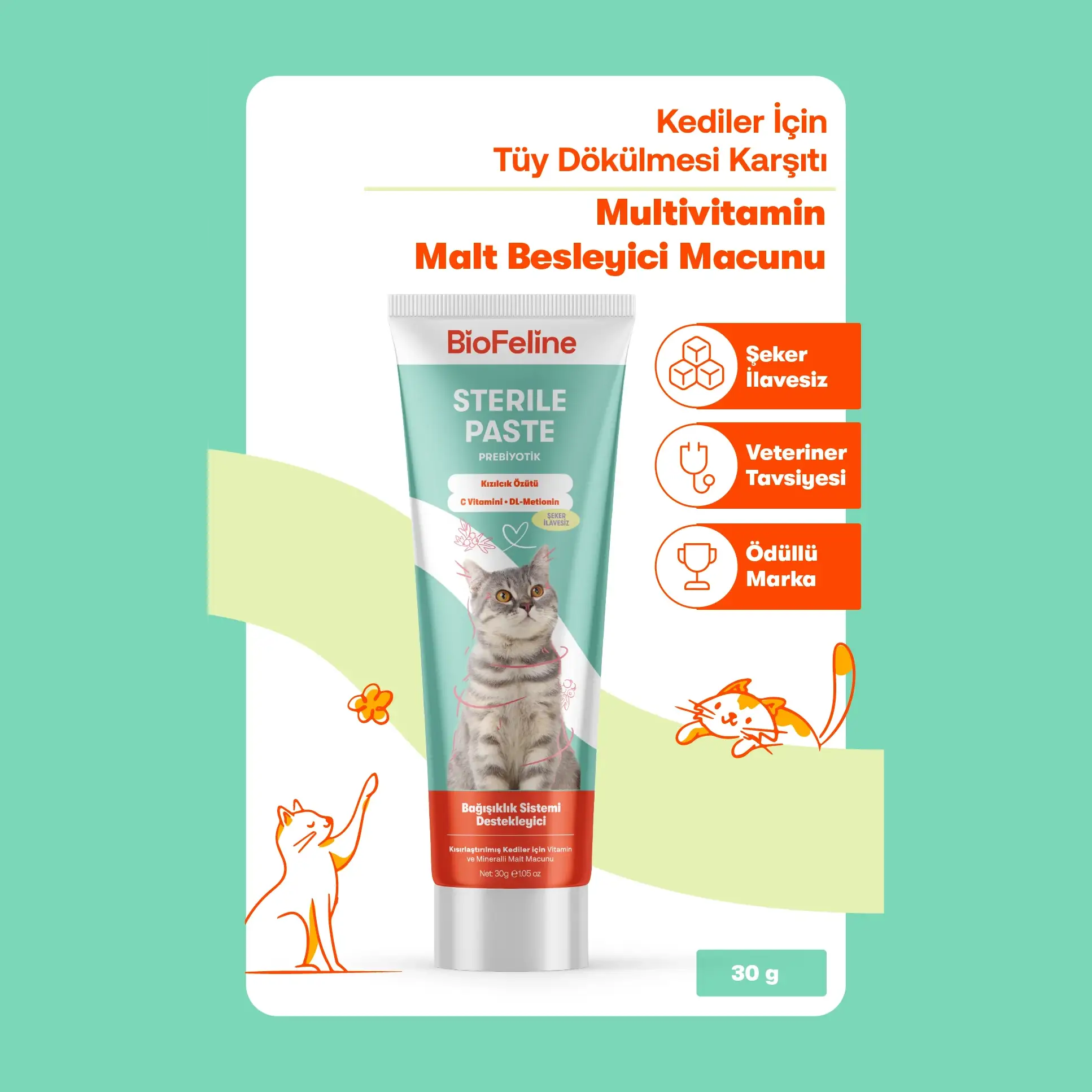 Biofeline Sterile Paste Kısırlaştırılmış Kediler İçin Vitaminli Malt Macunu – 30g-2040