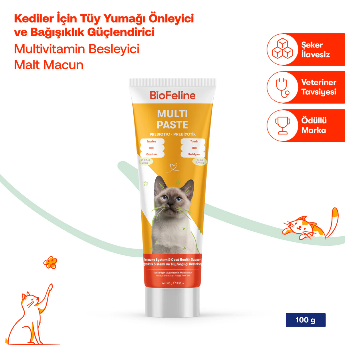 Kediler İçin Multivitamin Macunu Bağışıklık Güçlendirici & Tüy Yumağı Önleyici -100g-2037