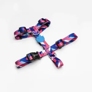 Lindo Dogs Pink Dream Mavi ve Pembe Desenli H Tipi Köpek Göğüs Tasması (Large)