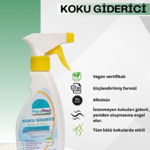 Pisy & Pisy marka, sarı tetikli beyaz sprey şişesinde, üzerinde vegan sertifikası ve "Alkolsüz, Parabensiz" ibareleri bulunan 250ml koku giderici ürün görseli.