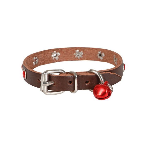 Cattie Gerçek Deriden Taşlı Kedi Boyun Tasması Medium Kahverengi 1×20-23 Cm- 2059