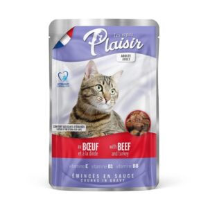 Plaisir Pouch Biftekli ve Hindili Yetişkin Kısır Kedi Yaş Maması 100 gr