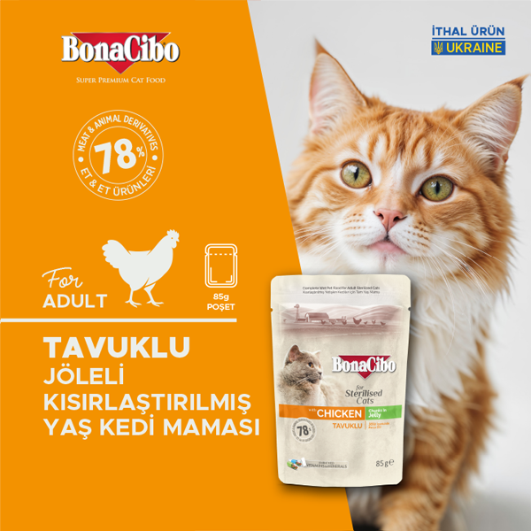 2266-BonaCibo Jöleli Tavuklu Pouch Kısırlaştırılmış Yetişkin Kedi Yaş Maması 85 Gr